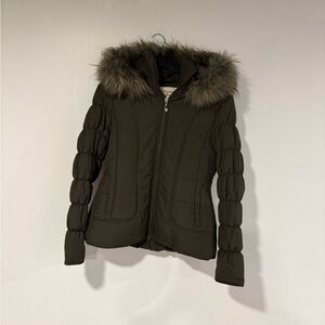 Women's Olive Puffer Jacket with Faux Fur Hood